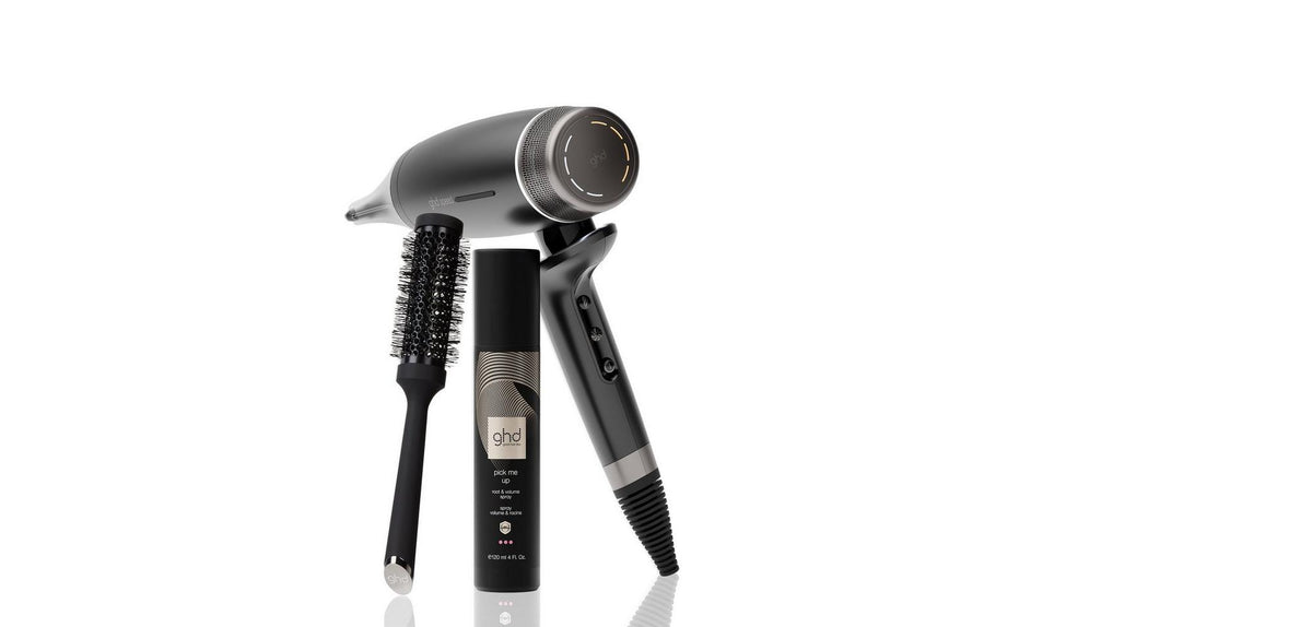 ghd speed Haartrockner Set Schwarz mit Root Lift Spray & Rundbürste